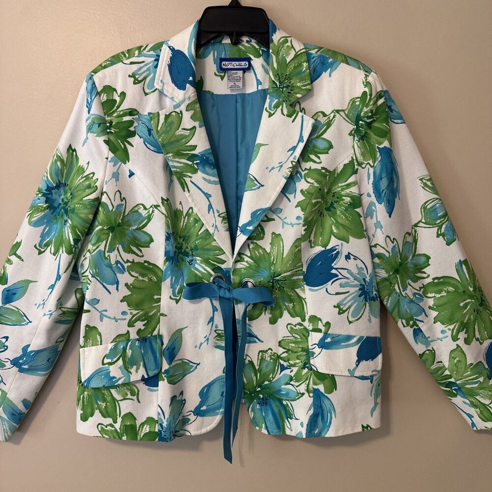 Women’s Bright Floral Blazer Jacket Blue Green Botanical Print Lightweight Sz XL